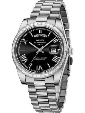 Nibosi Men's Silver Black Analog Quartz Diamond Bezel Stainless Waterproof Watch
